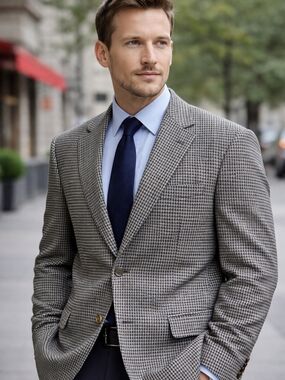 Lauren Ralph Lauren Blazer 46R Gray Houndstooth Sport Coat With Blue Windowpane